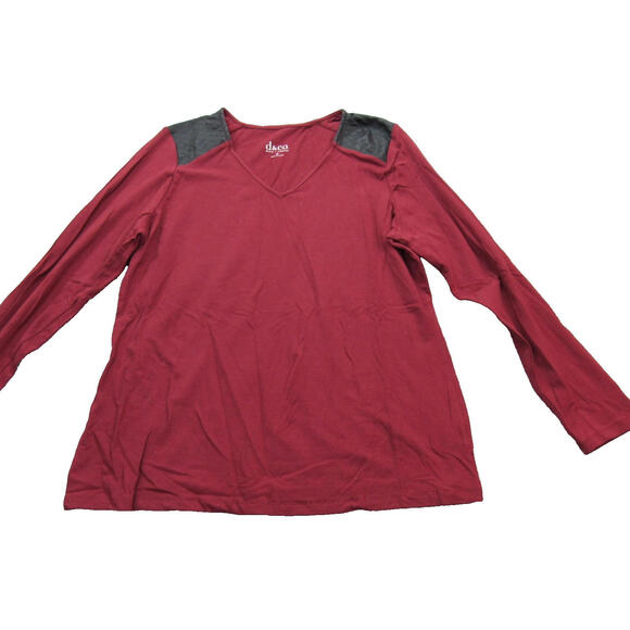 Tops - Denim & Co‎ Shirt Womens Medium Red Black Faux Leather Shoulder Long Sleeve Top